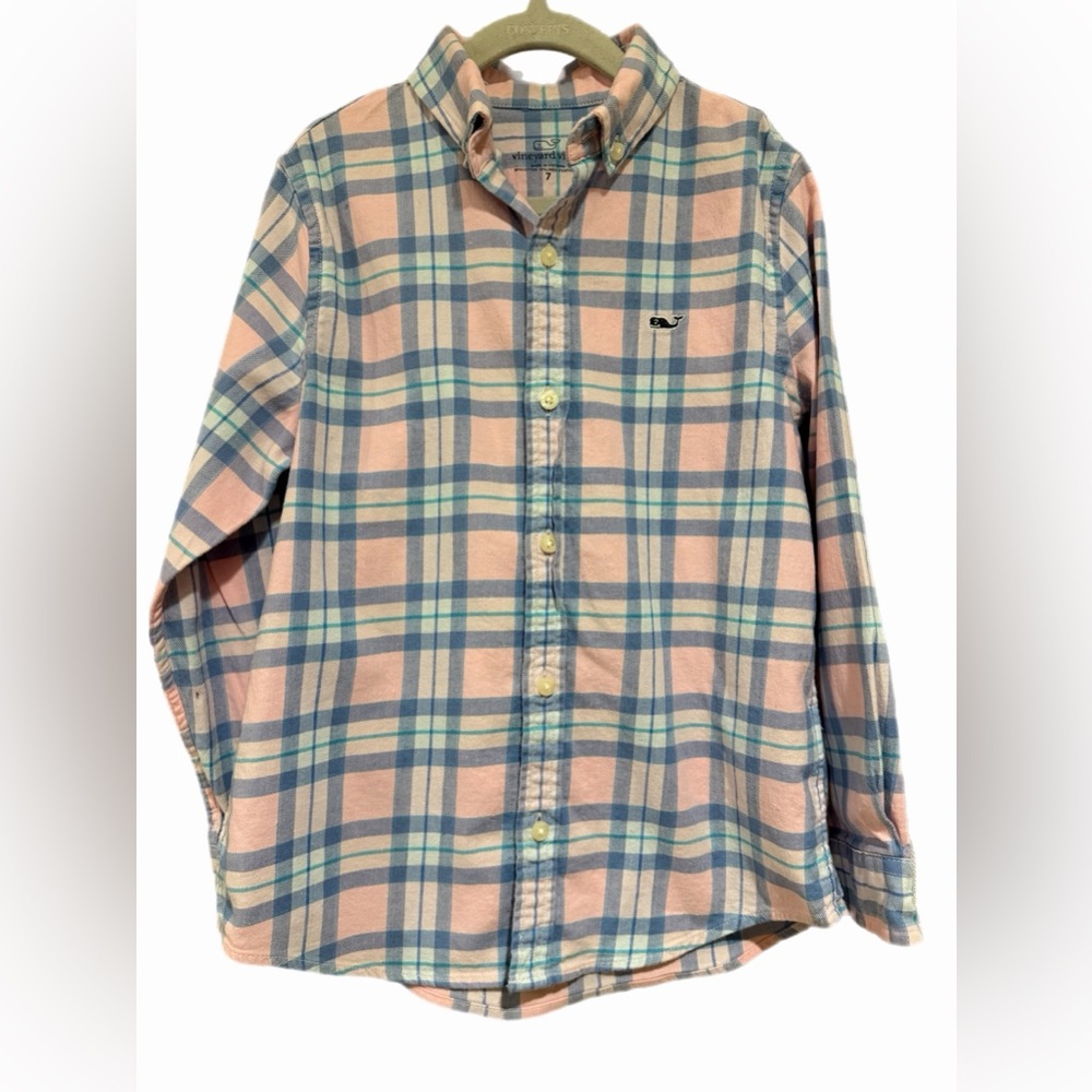 Vineyard Vines Boy’s Pink and Blue Plaid Shirt - Size 7